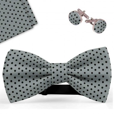 Set papion barbati, batista, butoni, gri, buline mici negre